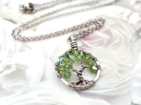 Silver Peridot Tree of Life Crystal Necklace (August)